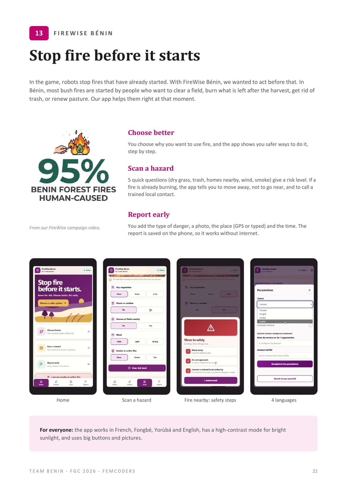 FireWise Bénin app concept, features and language options in the engineering notebook