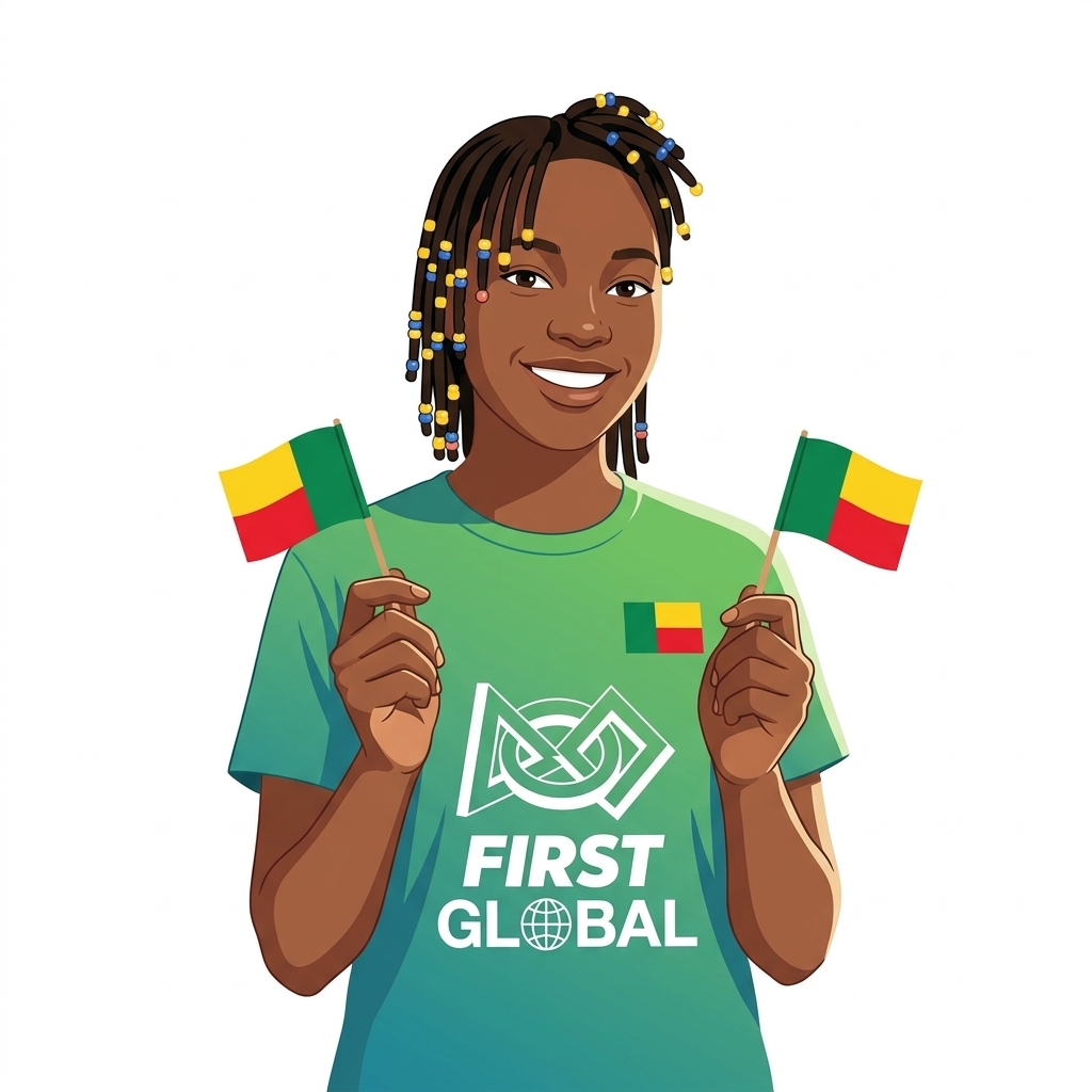 Illustration of a young Beninese girl holding the national flags, created for the team’s visual materials.