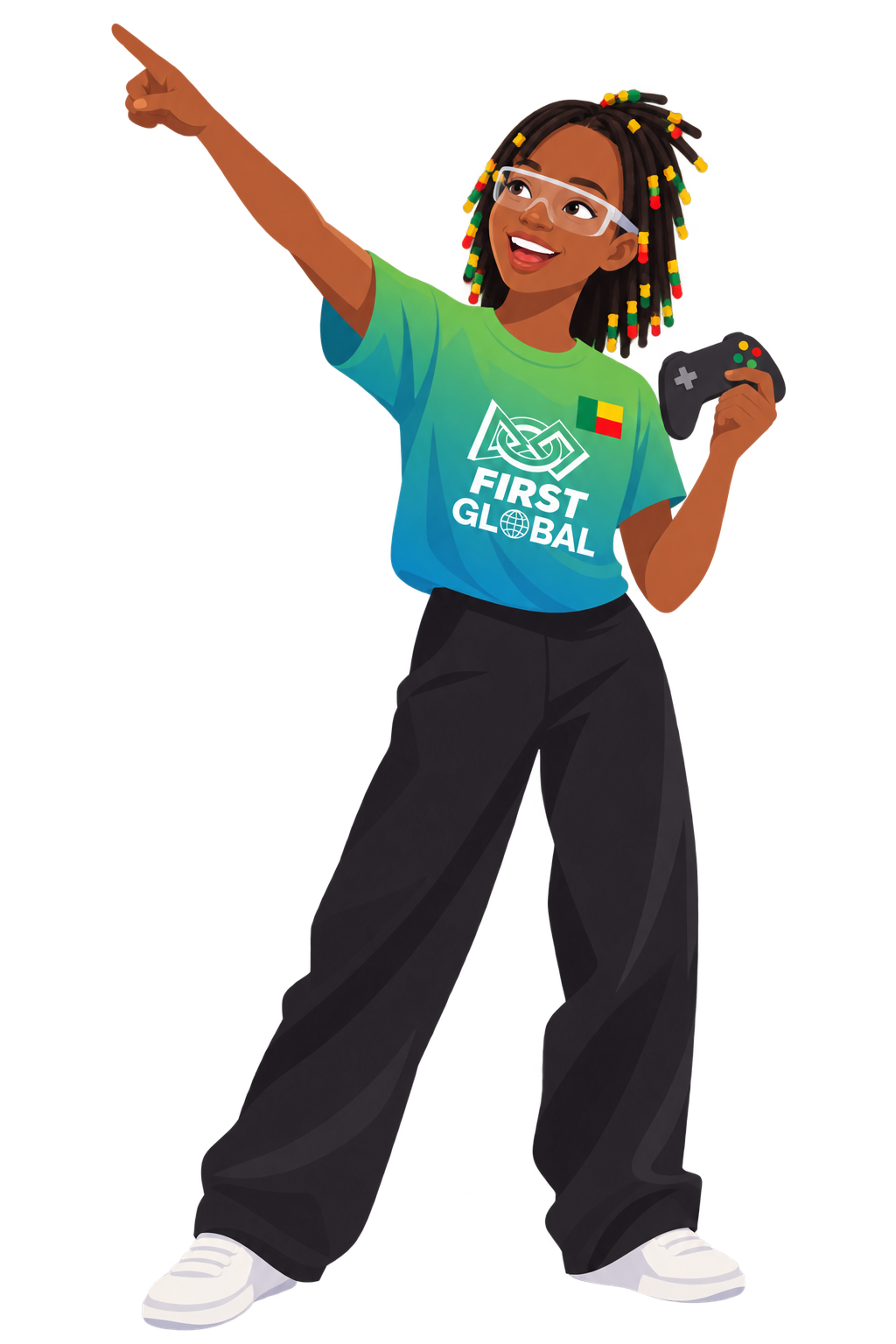 Illustrated Beninese girl in a FIRST Global shirt holding a game controller and pointing forward