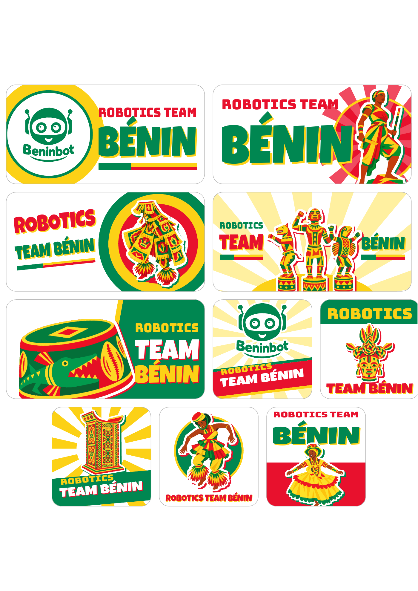 A sheet of Team Bénin sticker designs featuring Beninbot, the team name and illustrated cultural motifs